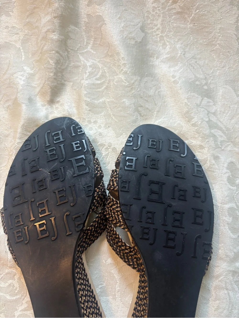 Eric Javits Black and Tan Woven Wedge Sandals, Size 65N
